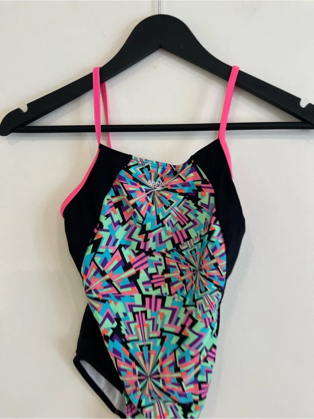 Speedo girls Black Geometric One-Piece Swimsuit with Pink Straps